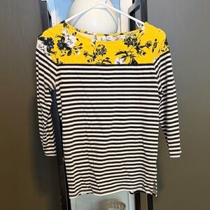 Elle Black and White Striped Top with Yellow Floral Accents